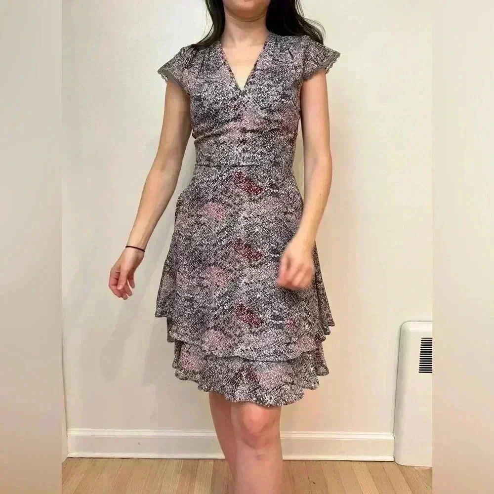 REISS printed tiered flutter sleeve v neck fit and flare mini sun dress XS